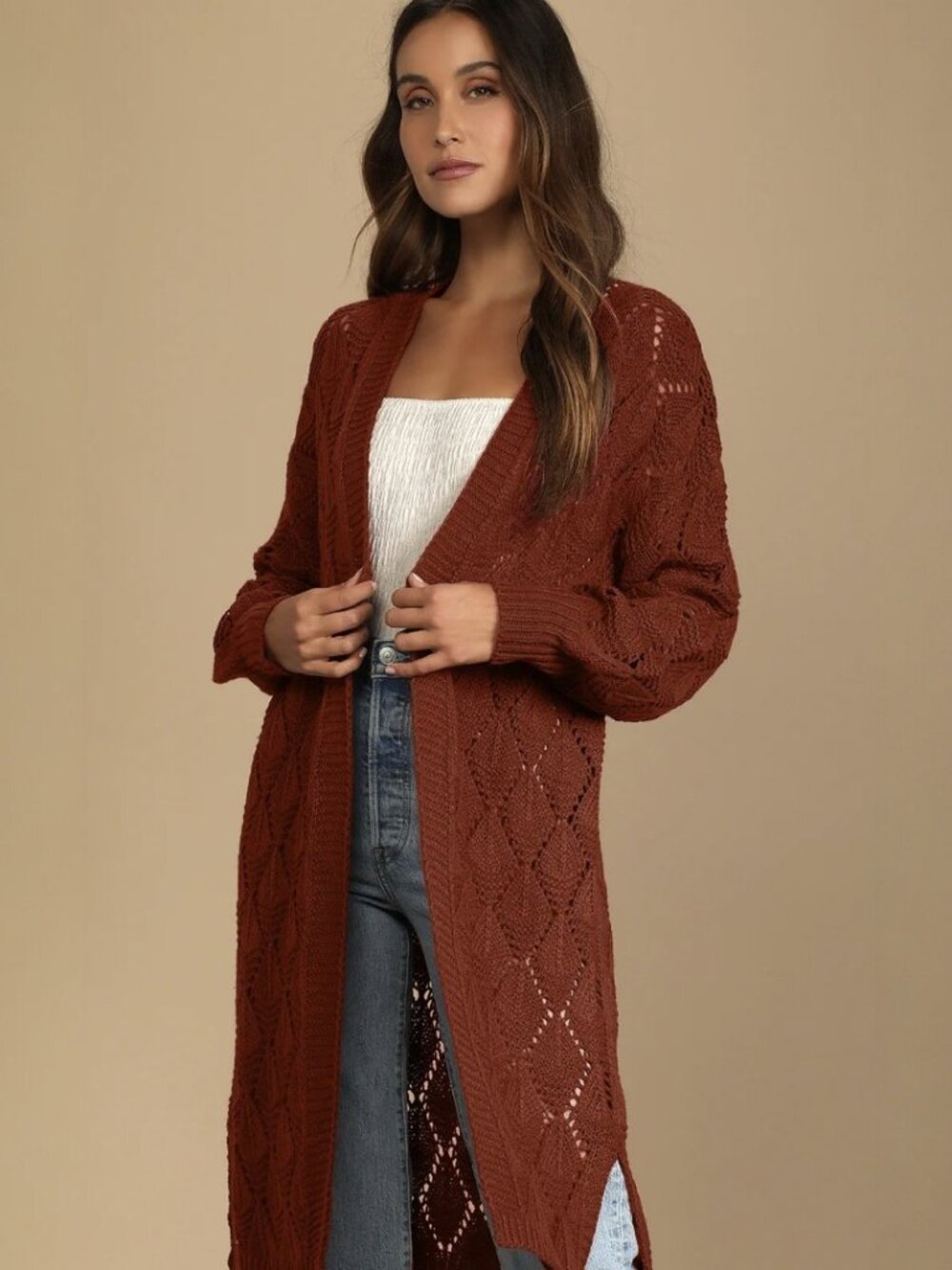 Points to Cozy Rust Red Pointelle Knit Cardigan Sweater NWT - Picture 2 of 8